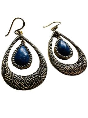 Boho BARSE 925 Lapis Lazuli Gold Tone Drop Dangle Pierced Earrings 1 5/8"